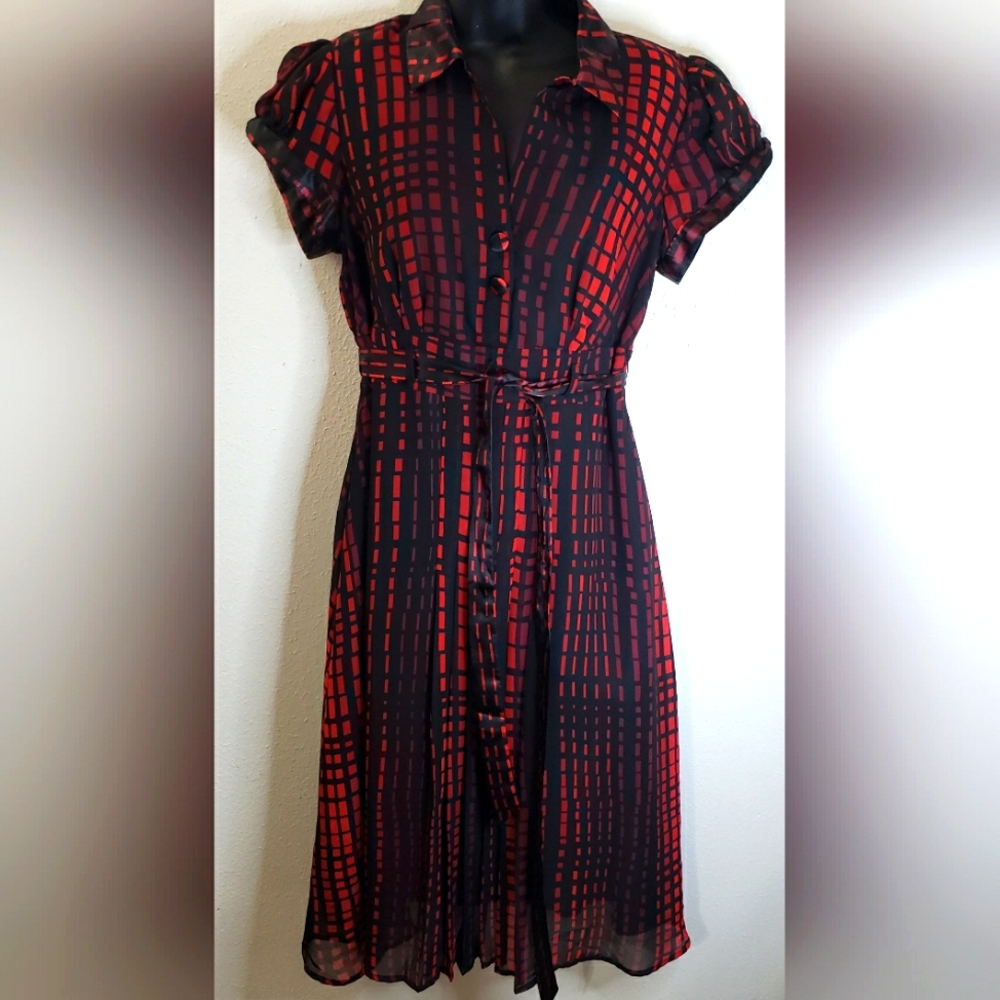 Fashion Bug Red and Black Grid-Print Shirt Dress